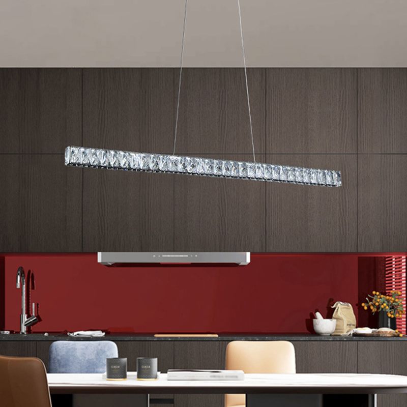 Modernist Linear Island Pendant Crystal Block Dining Room LED Suspension Lighting in Sliver