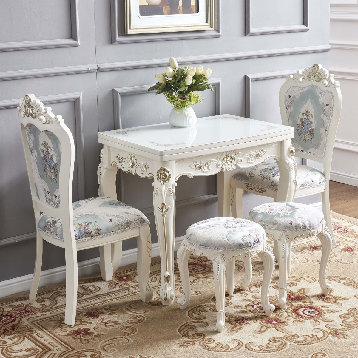Glam Foldable Rectangle Dining Table Glass Tabletop with Wood Legs