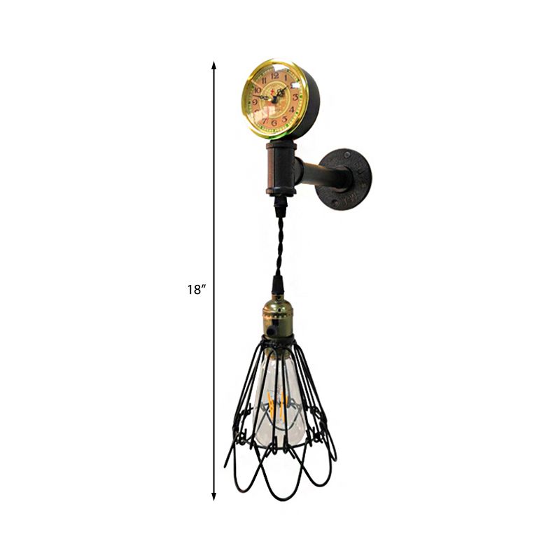 1 Bulb Metal Wall Hanging Light Farmhouse Aged Brass/Black Wire Frame Corridor Sconce Lighting with Gauge
