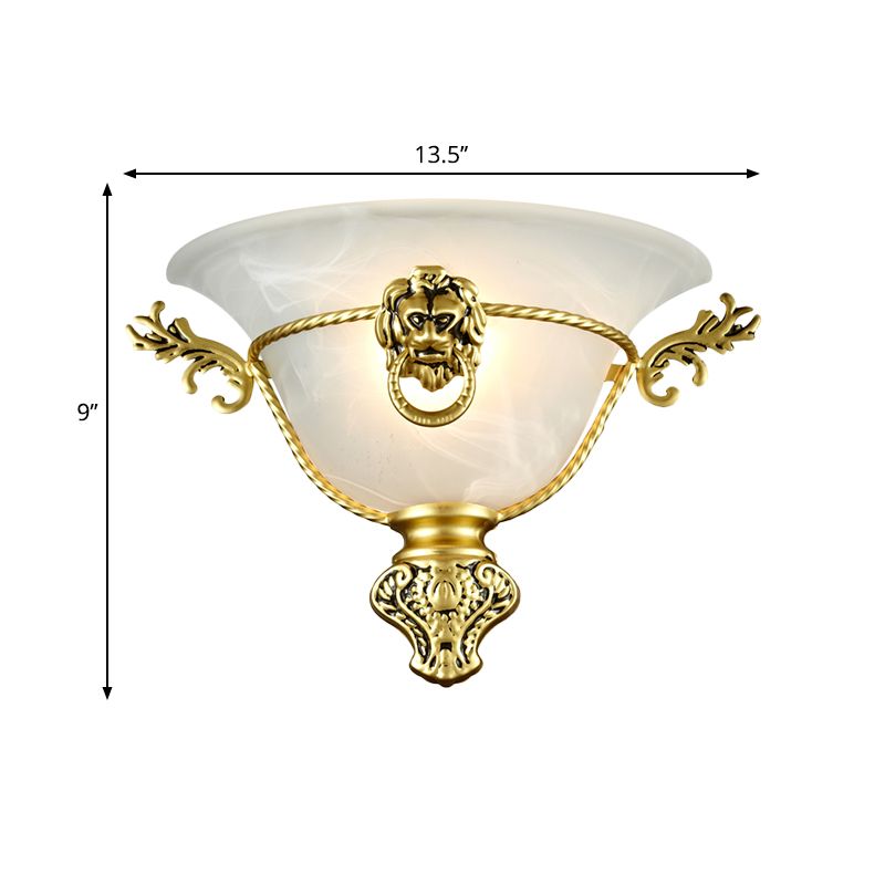 1 Bulb Trumpet Wall Lamp Colonialist Opal Glass Sconce Light Fixture with Copper/Brass Lion Metal Deco for Bedside