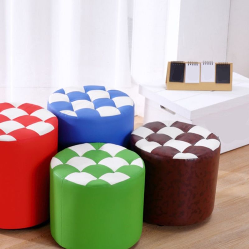 Contemporary Pouf Ottoman Faux Leather Tufted Square Pattern Cylinder Shape Ottoman