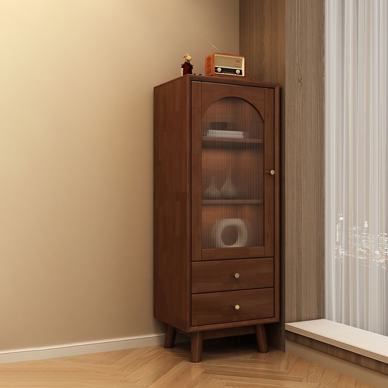 Mid Century Solid Wood 1-Door Cabinet Glass Paned Side Cabinet with 2-Drawer