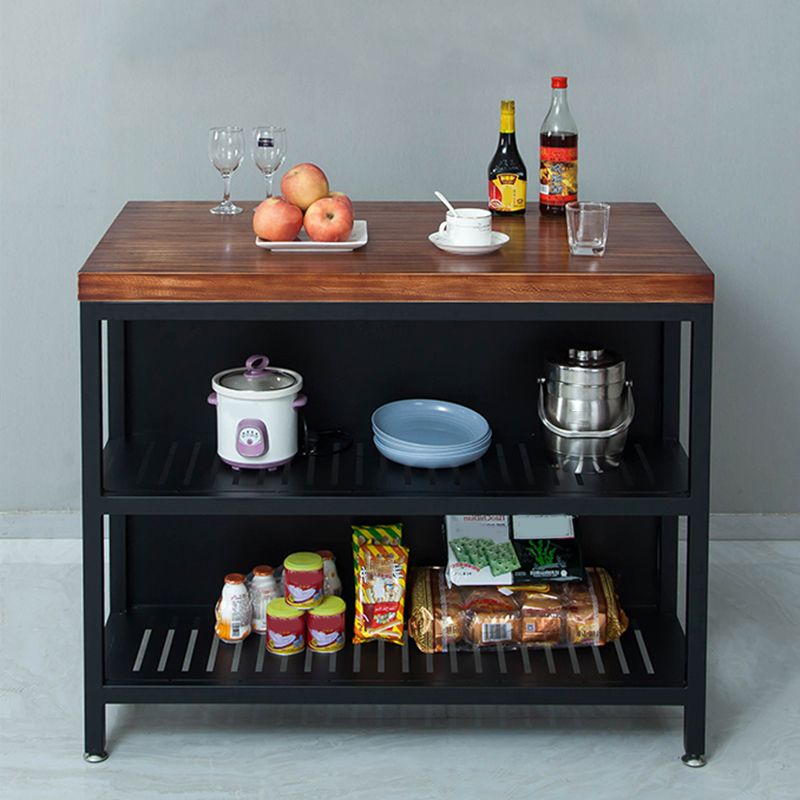 Stationary Industrial Kitchen Island Solid Wood Kitchen Island Table with Shelves