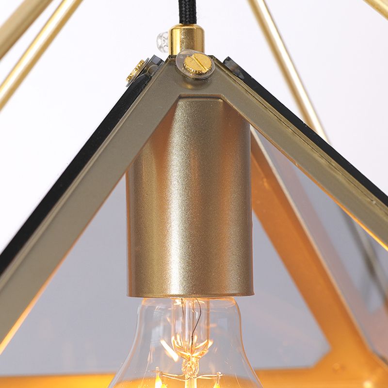 Black/Gold/Amber Glass 1-Light Drop Pendant Colonial Diamond Shape Ceiling Light Fixture with Exterior Iron Frame