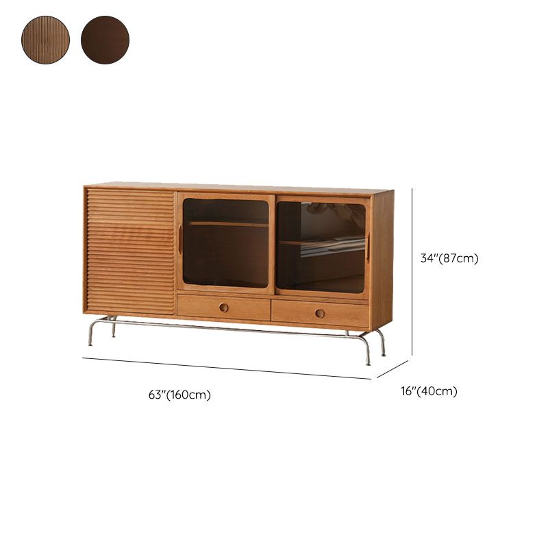 Contemporary Pine Display Stand Glass Doors Storage Cabinet with Doors