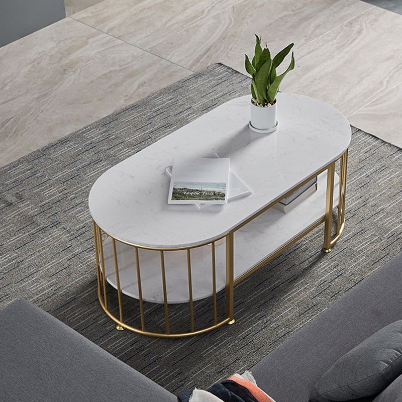 Glam Oval Marble Coffee Table 17.7"H Steel Sled Cocktail Table with Shelf