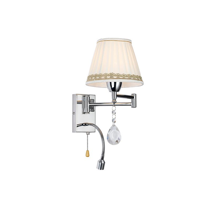 1-Head Reading Wall Light Modern Pleated Fabric Braided-Trimmed Cone Sconce with Chrome Extendable Arm
