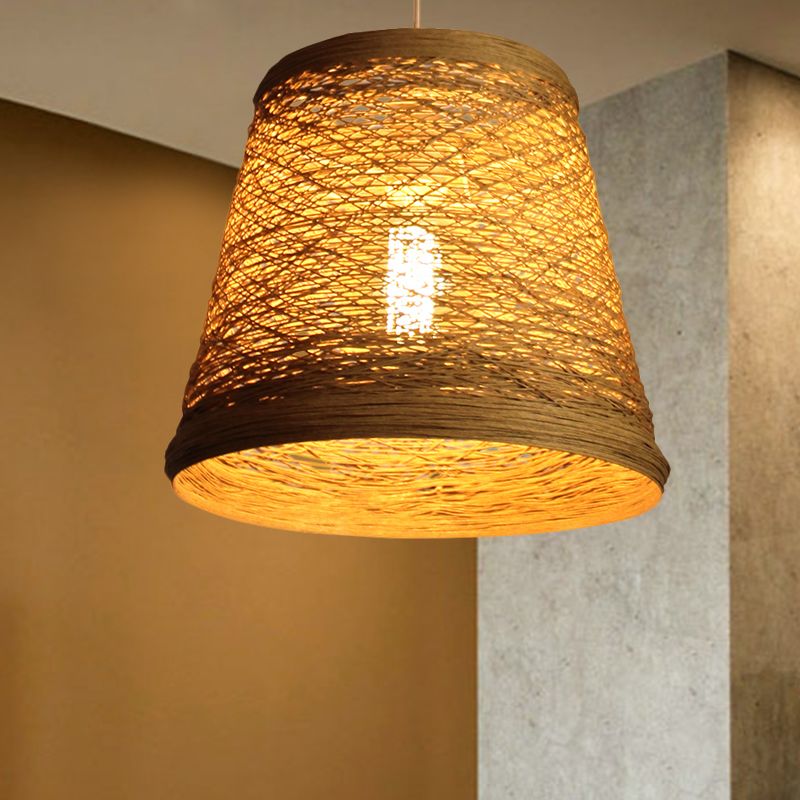 Bamboo Rattan Bucket Pendant Light Rural Single Flaxen Hanging Lamp Kit for Restaurant