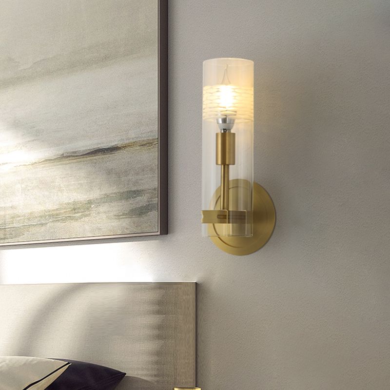 Modernism 1 Head Sconce Light Brass Cylindrical Wall Mounted Lighting with Clear Glass Shade