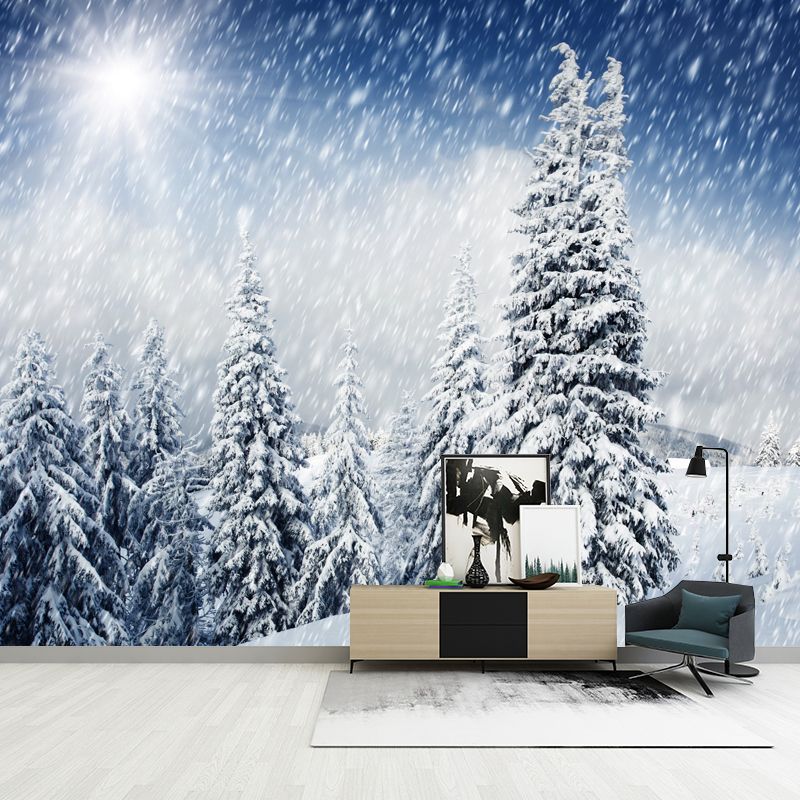 Cypress Winter Snowing Scenery Mural Modern Non-Woven Material Wall Decor in White