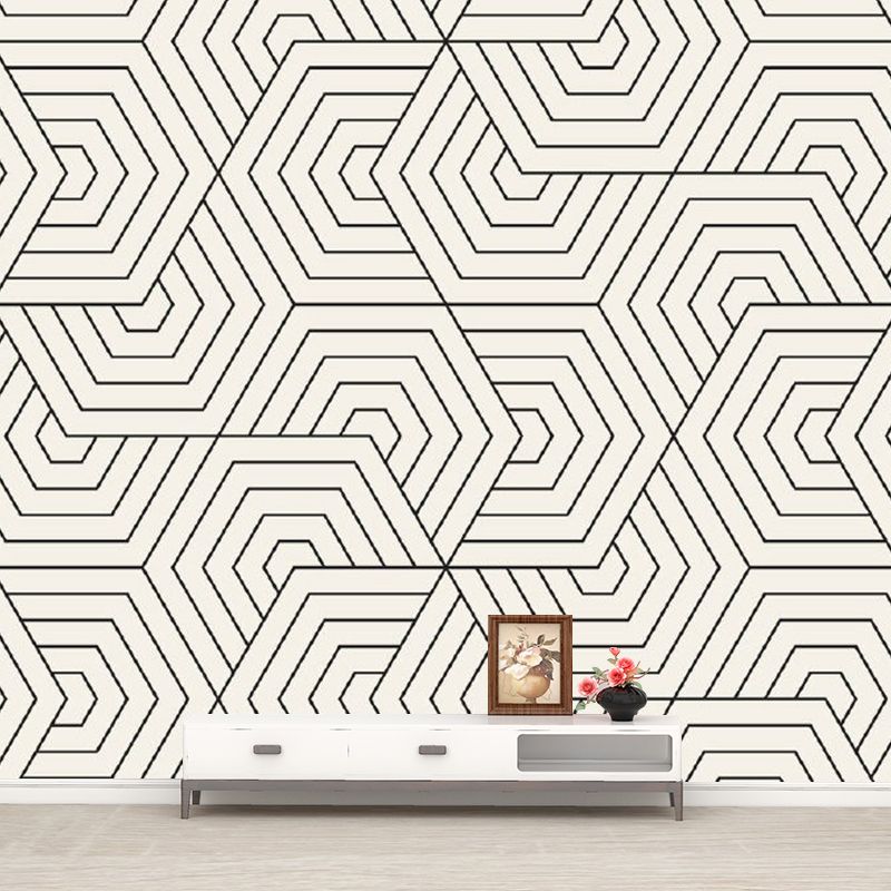 Non-Woven Waterproof Mural Modern Seamless Hexagonal Pattern Wall Art in Black-White