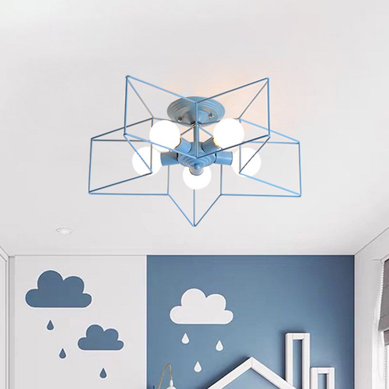 Pentacle Frame Iron Flush Mount Light Kids 5-Bulb Pink/Grey/Blue Semi Flush Ceiling Light for Baby Room