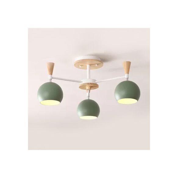 Wood and Metal Ceiling Light, 3 Lights Semi Flush Mount Lighting with Orb Shade for Kids Bedroom Nordic Style
