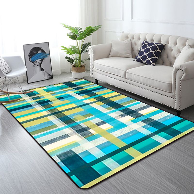 Modern Living Room Rug in Blue and Purple Abstract Stripe Print Rug Polyester Non-Slip Washable Area Rug
