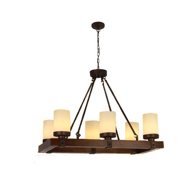 White Glass Cylinder Island Lamp Vintage 6/8 Lights Living Room Ceiling Light with Wooden Base