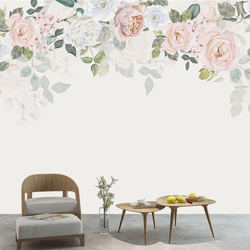 Beige Peony-Edge Mural Decal Stain Resistant Modernist Bedroom Wall Decoration, Non-Woven