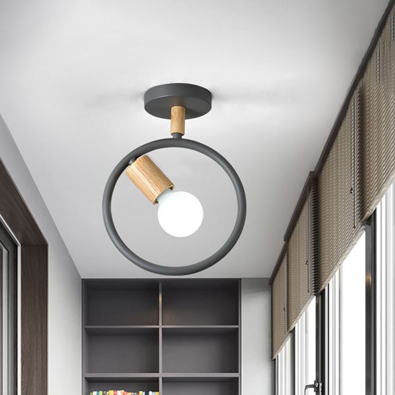 Circle Metal Flushmount Lighting Simple 1 Bulb Grey/Green/White Semi Close to Ceiling Lamp with Tube Wood Arm