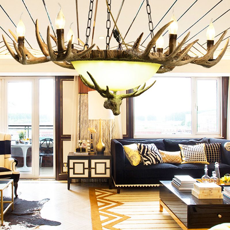 Candle Glass Ceiling Lamp Traditional 6-Head Living Room Chandelier Pendant Light in Brown