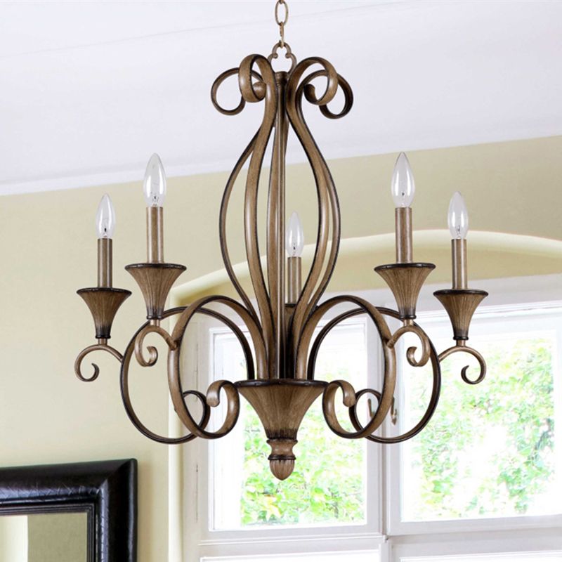 Metal Wood Pendant Lighting Swirled Arm 5 Lights Countryside Chandelier Lamp