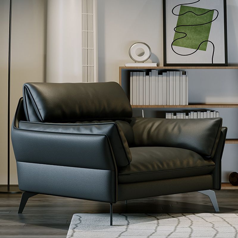 Black Genuine Leather Settee Mid-Century Modern Pillow Top Arm Sofa - 33.5" H