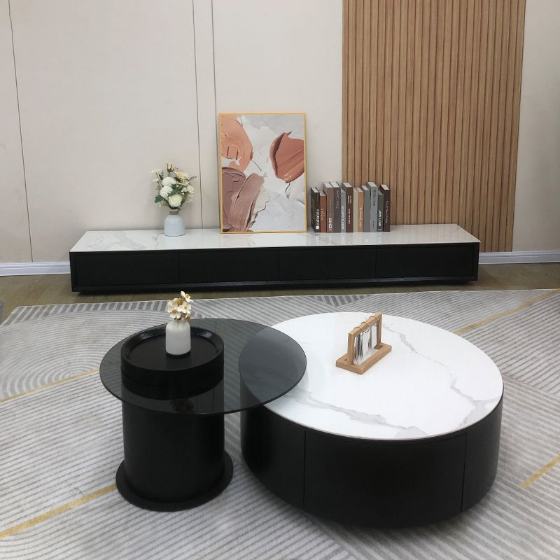Round Stone Coffee Table Pedestal Nesting Coffee Table Set with Drawer