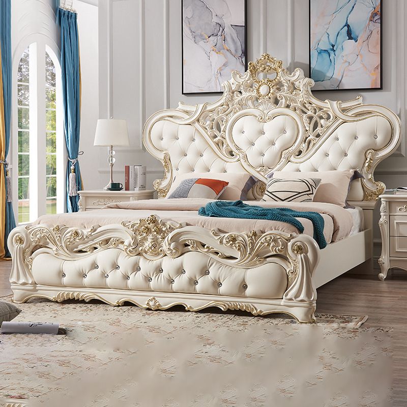 Victorian Standard Bed Upholstered Headboard Tufted Pine Wood Panel Bed