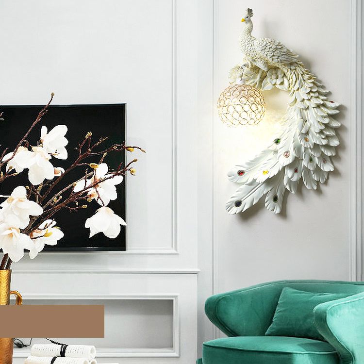 Peacock Wall Sconce Art Decor Resin 1-Light Living Room Wall Lamp with Spherical Crystal Shade