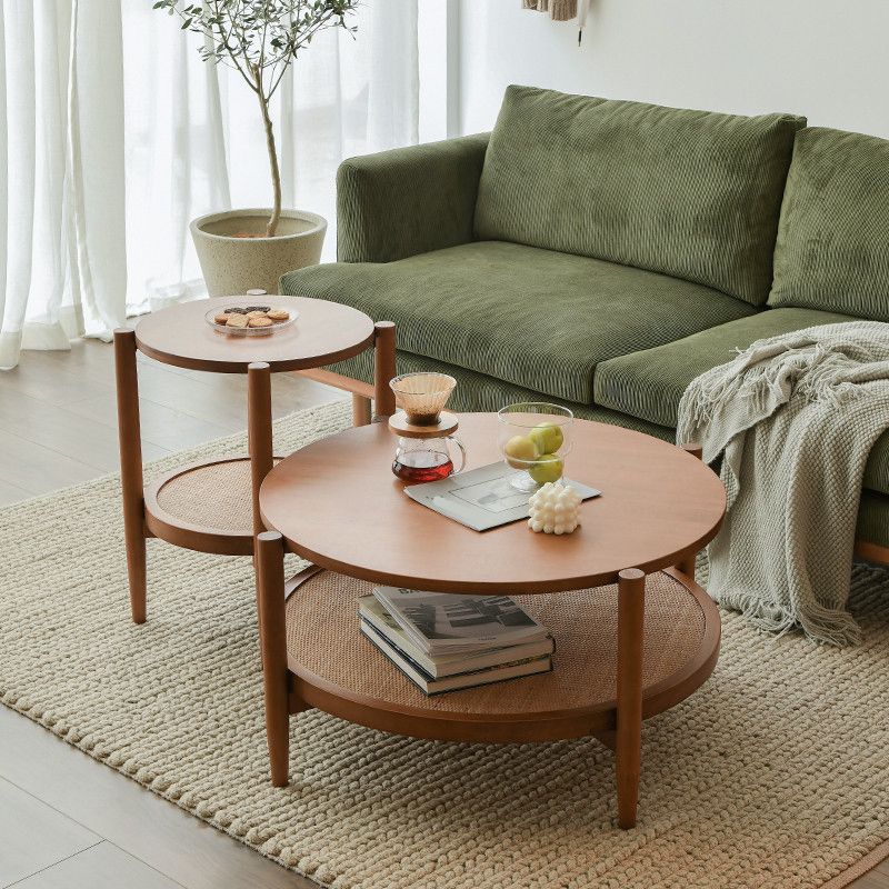 Round Glass/ Wood Top Coffee Table 4 Legs Cocktail Table with Shelf