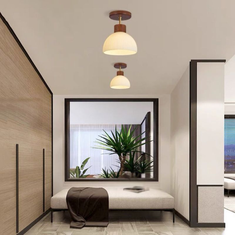 Contemporary Wood Ceiling Light White Shaded Flush Mount Lighting for Home