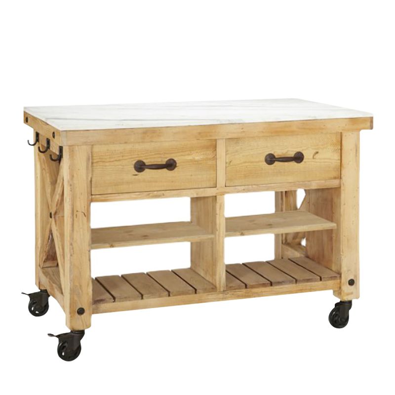 Modern Rectangle Kitchen Cart with Pine Wood Base and 2 Drawers