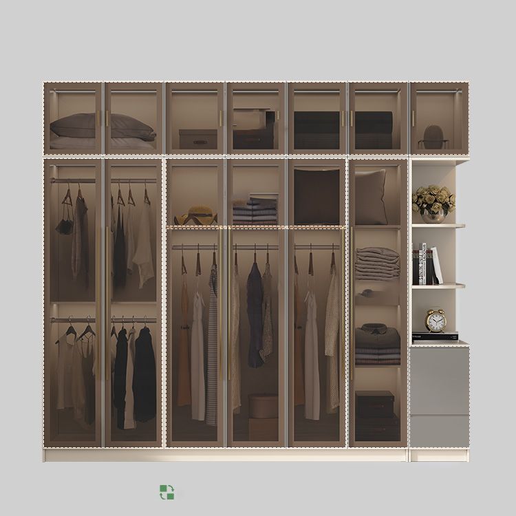 Glass and Wood Wardrobe Cabinet with Shelves Modern Wardrobe Closet