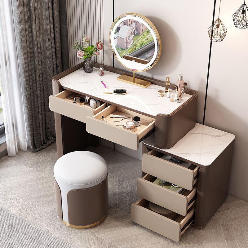 29.53" H Wood/Stone Vanity Table Stool Set 2/5 Drawers Dresser in Brown