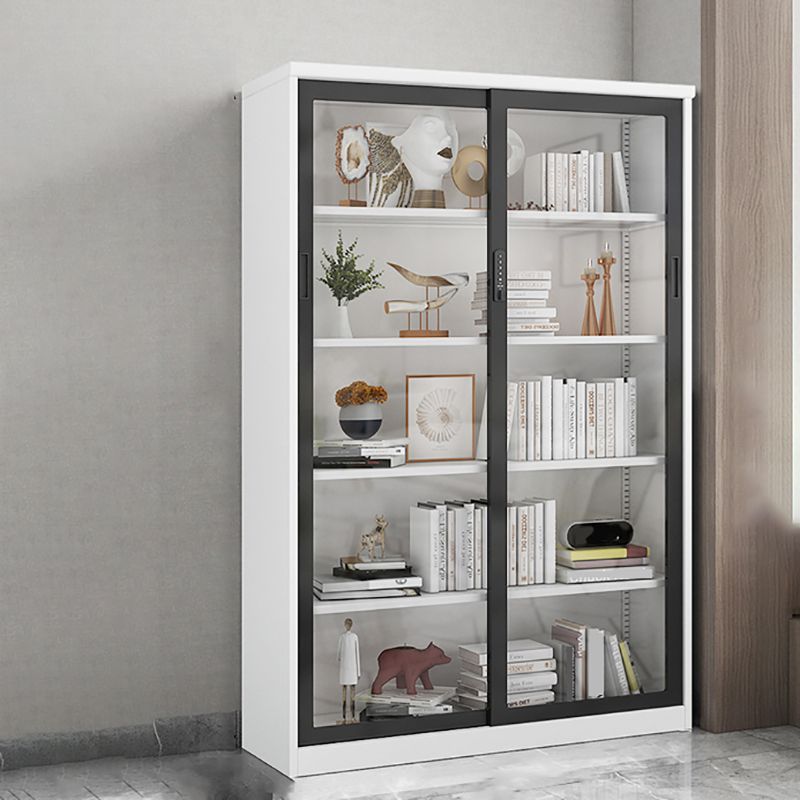 14.9" Wide Whit Bookcase Modern Stainless Steel and Glass Book Shelf With Doors