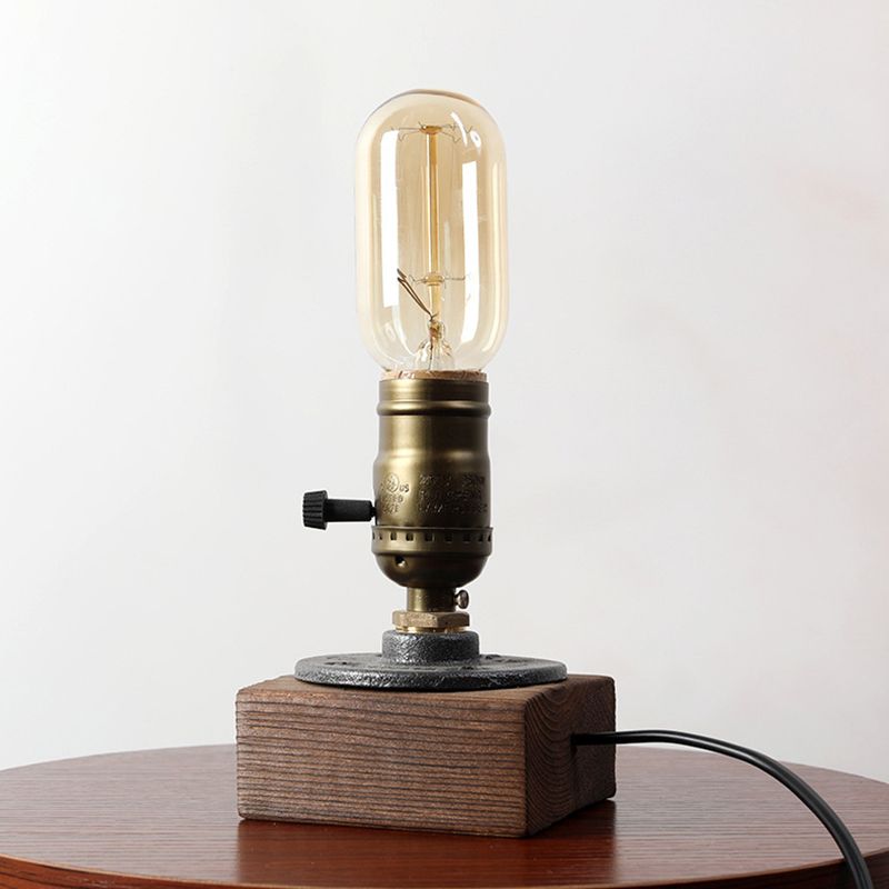 1-leichte Notfall-Messing-Tischlampe Industrial Shadeless Metal Night Lampe mit Holzbasis