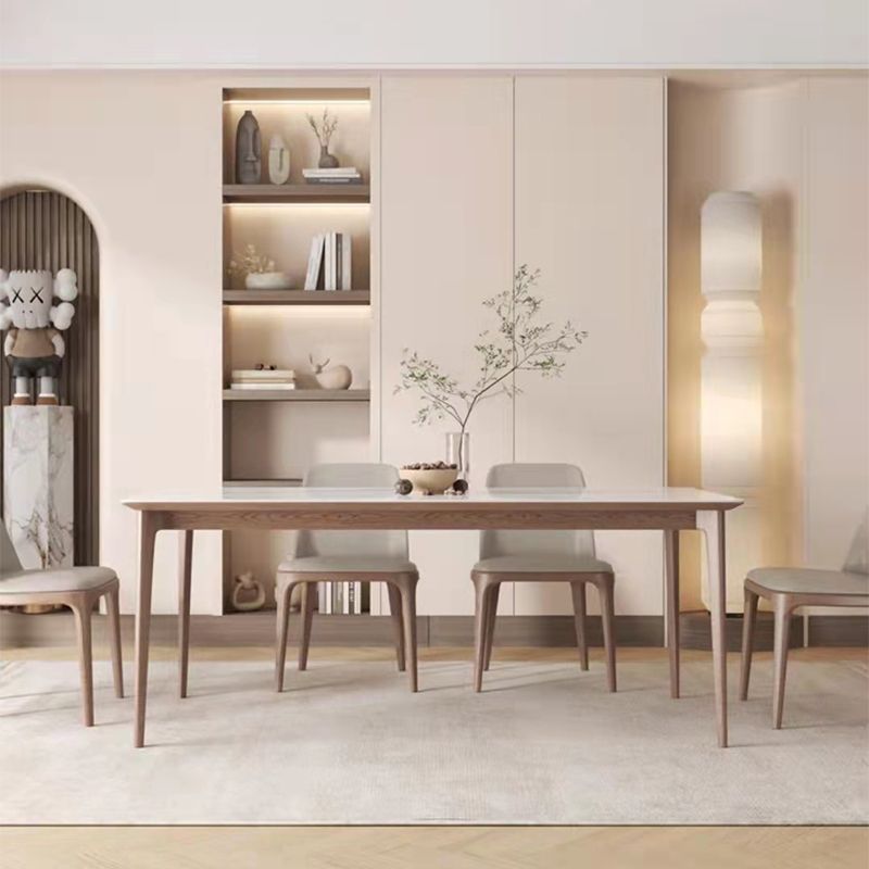 Mid-Century Dining Table for Home White Stone Table with Wooden Legs
