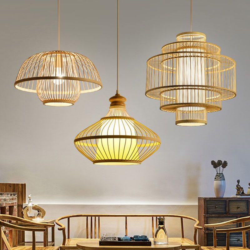 Bambus symmetrische Suspension Licht Einfachheit 1 Lichtholz Anhängerleuchte für Schlafzimmer