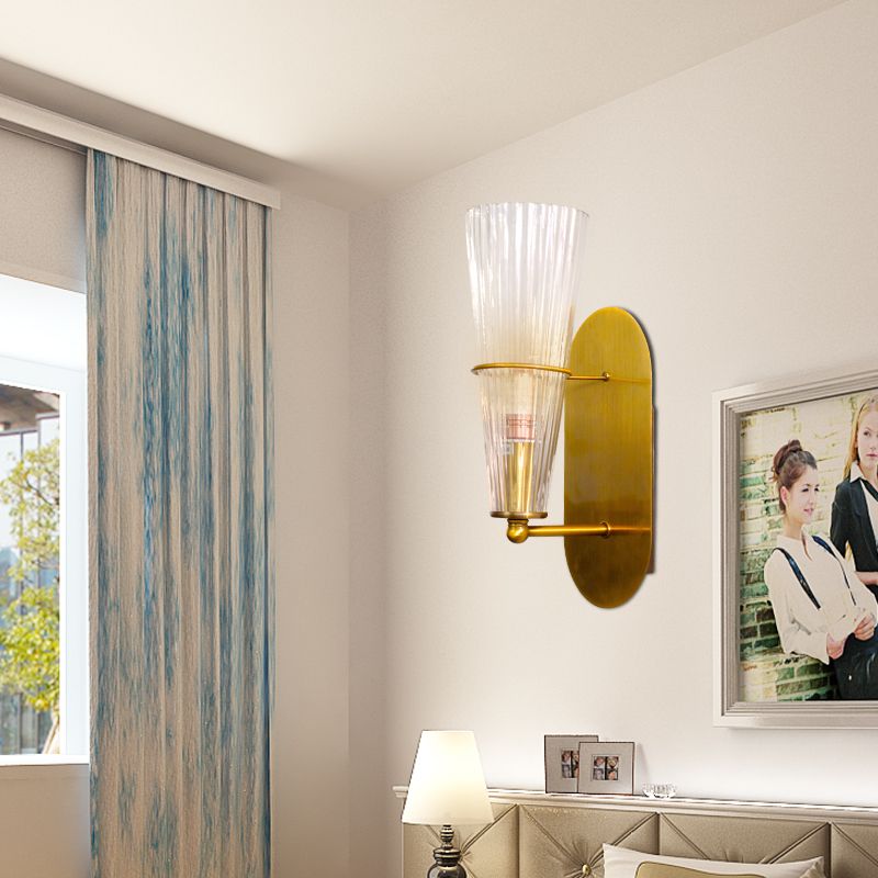 Illuminazione da parete cono interno in vetro a coste trasparente singola luce secolo medio secolo illuminazione sconce in ottone
