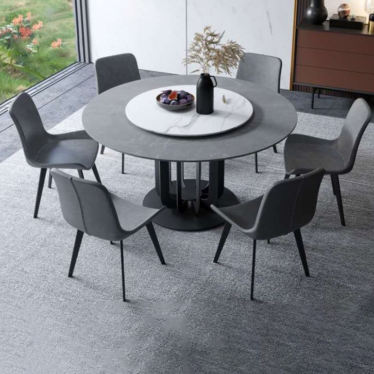 Round Stone Dining Table Modern Turntable Furniture with Pedestal Base in Matte Finish