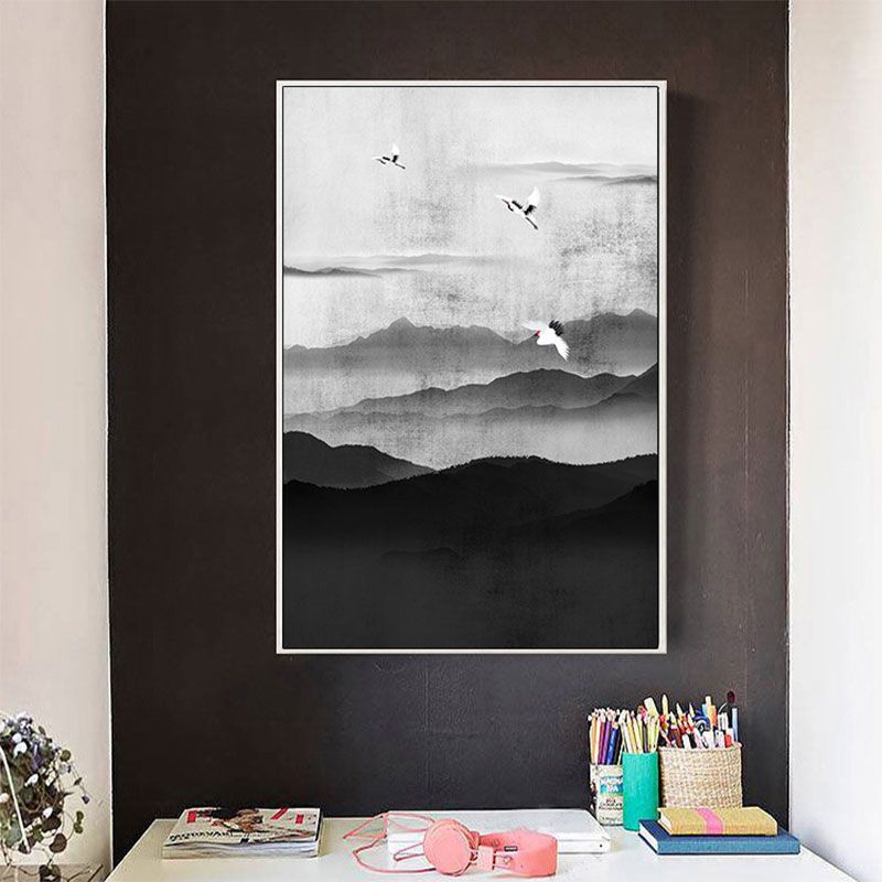 Cloudy Mountain View Canvas Art Asian Textured Wall Decor in Black for Sitting Room