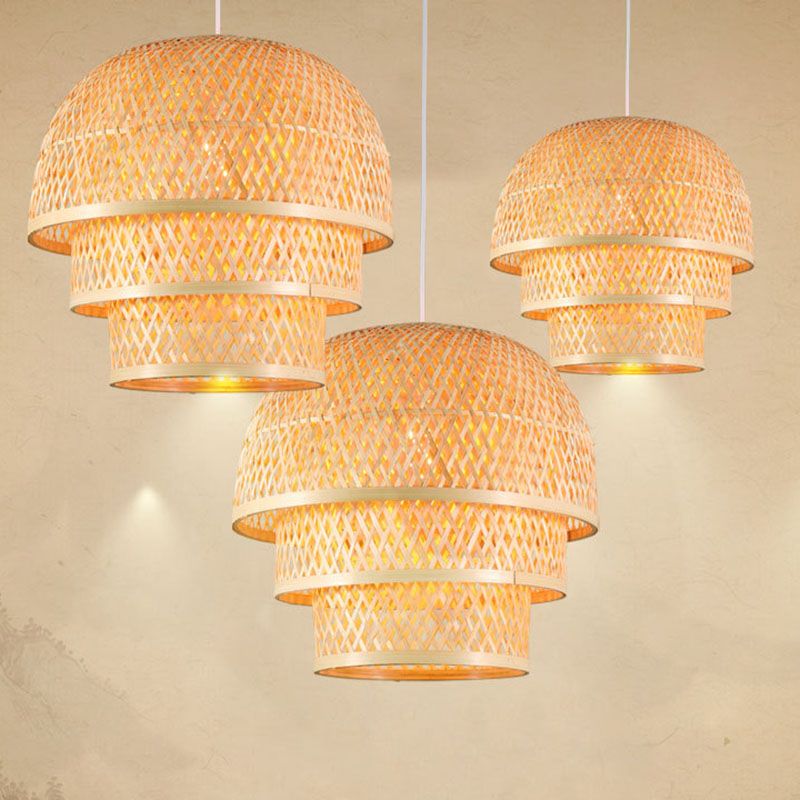 Single Restaurant Down Lighting Pendant Asian Wood Hanging Lamp with Tiered Bamboo Shade