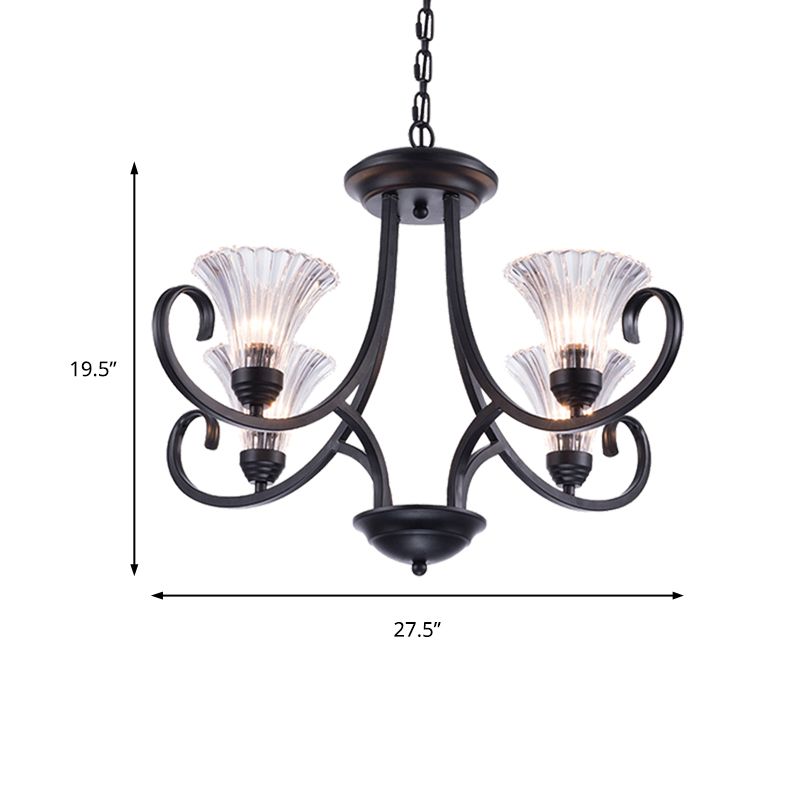 Bell Living Room Ceiling Chandelier Traditional Clear Ribbed Glass 4/6/8 Lights Black Hanging Fixture