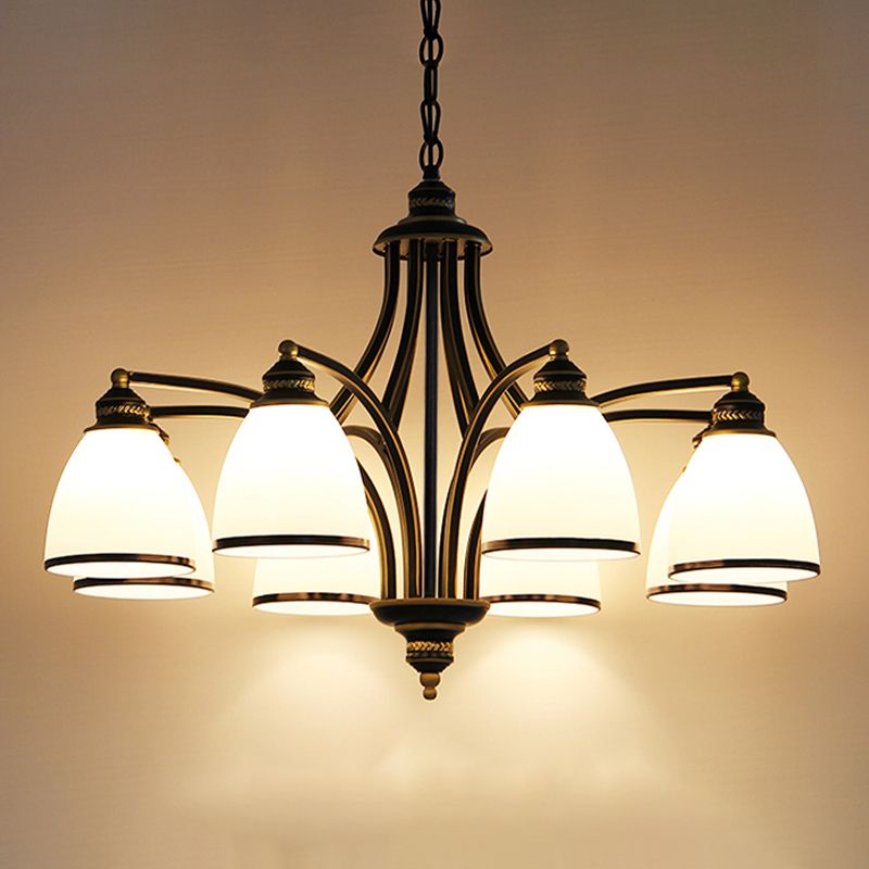 American Metal Chandelier Branch Black Pendant Lamps with White Glass for Living Room