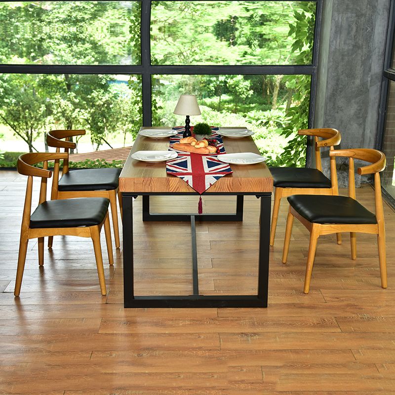 Pine Wood Top Dining Table Rectangle Black Iron Trestle Base Home Table