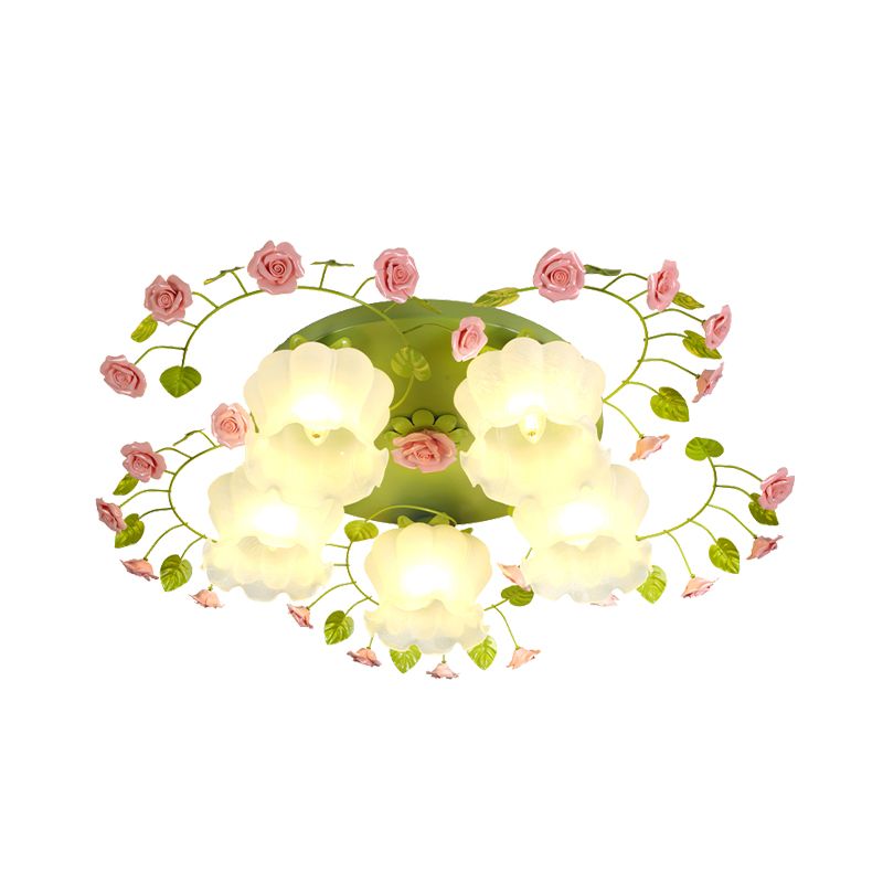 Plafonnier en forme de rose en verre crème, luminaire traditionnel à 5 ​​têtes pour chambre à coucher, luminaire encastré en vert