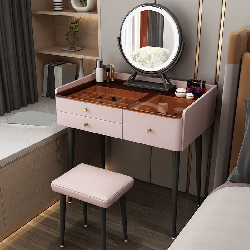 Solid Wood Vanity Table Modern Glass Top Vanity Table and Stool Set with Drawers