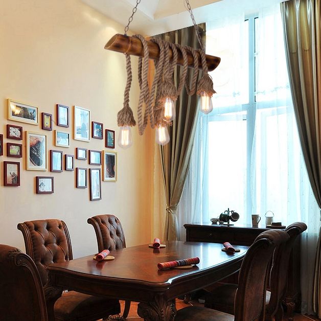 Country Rope Rope Island Light 3/4/6-Light Bamboo Island Pendant Light avec une ampoule nue en beige