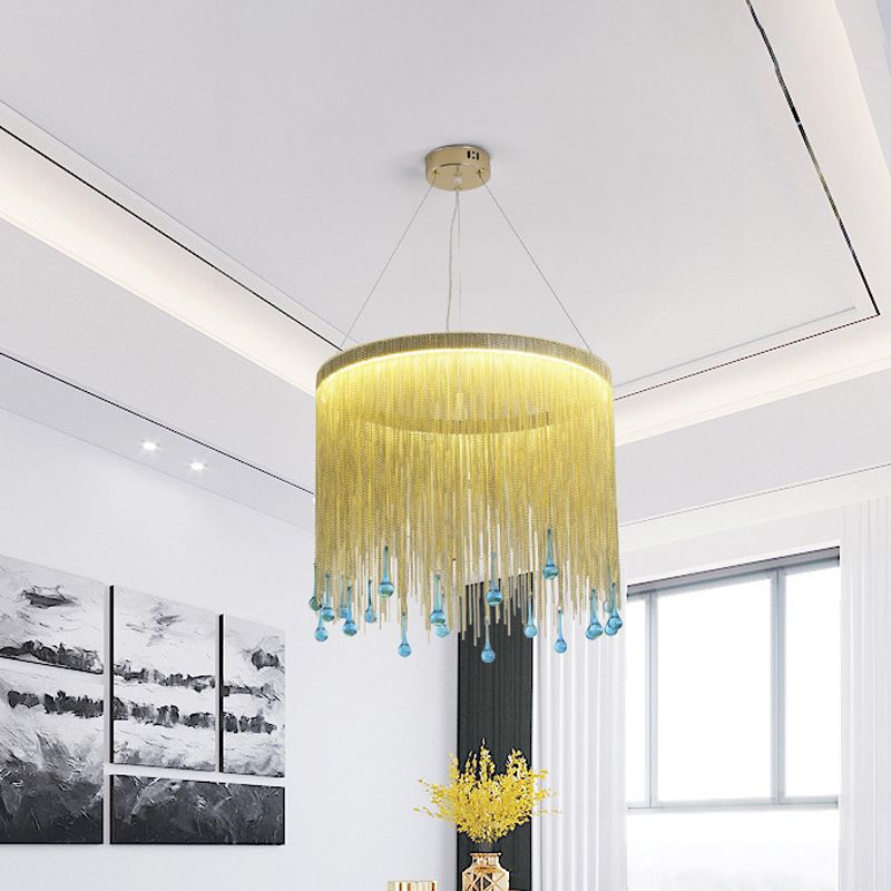 Modern Stylish Fringe Skirt Pendant Lamp Aluminum Bedroom 16"/19.5" W LED Hanging Light Fixture in Gold with Blue Glass Drop