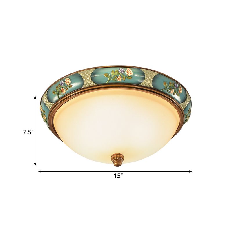 3-Head Ceiling Mounted Light Vintage Bedroom Flushmount Lamp with Dome Frosted Glass Shade in Blue-Green, 15"/19" W