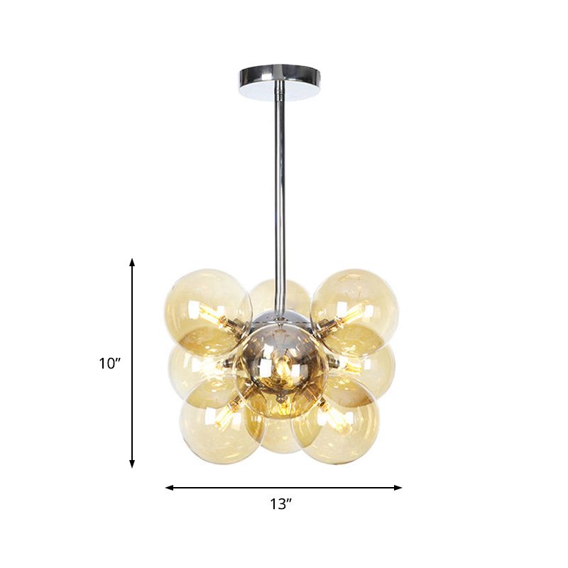Modern 9 Heads Chandelier Light Chrome Orb Pendant Lighting Fixture with Amber Glass Shade