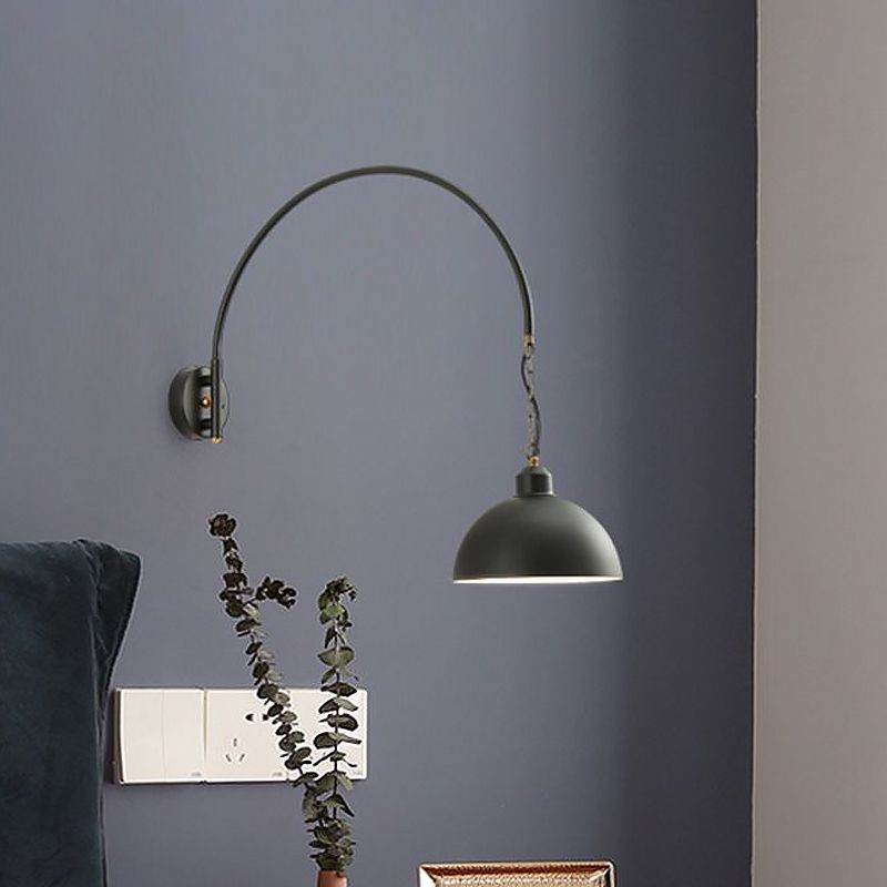 1 Bulb Wall Mount Light Fixture Warehouse Dome Metallic Wall Lamp Sconce in Black with Curved Arm
